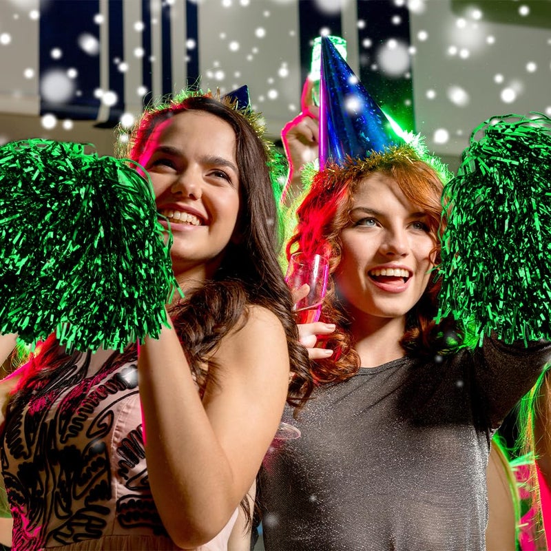 CUGBO 24Pcs Cheerleading Pom Poms, 1 Dozen Handle Metallic Foil Flower Ribbons Cheerleader Pompoms, Kids Children Ball Dance Sports Coaches Game Party Fancy (Green) - Image 5
